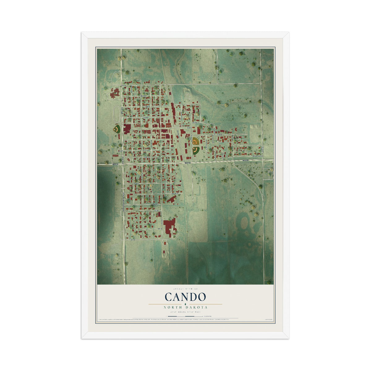 Map of Cando, North Dakota, 12 x 18 inch print in a white wood frame