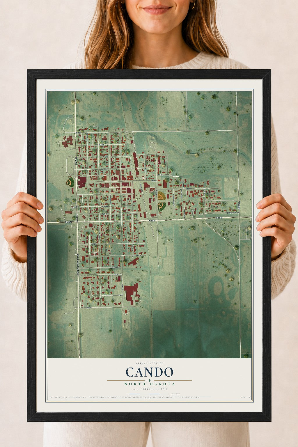 Map of Cando, North Dakota, 18 x 24 inch print in a black wood frame