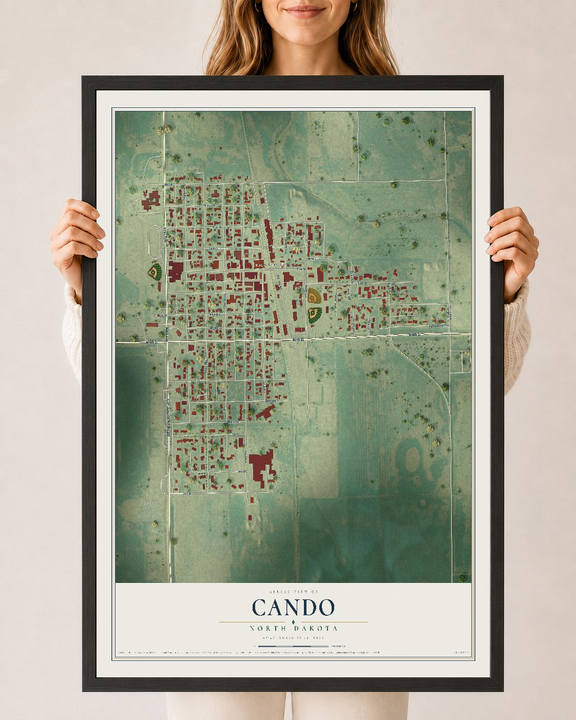 Map of Cando, North Dakota, 24 x 36 inch print in a black wood frame