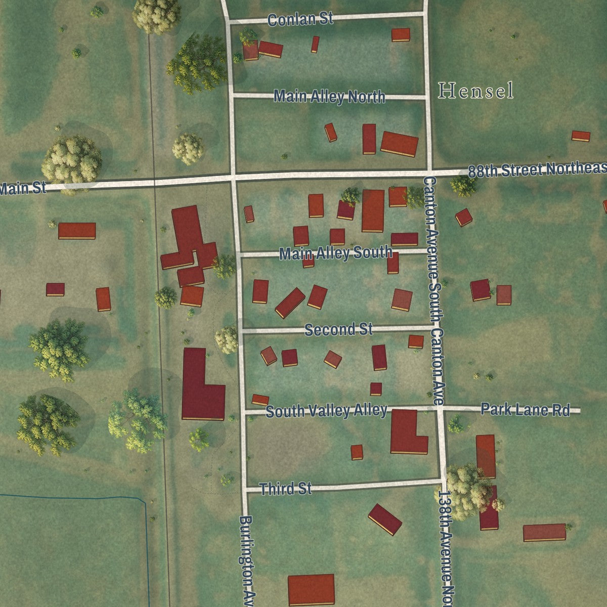 Close-up of the map of Canton City (Hensel), North Dakota print showing street and building detail