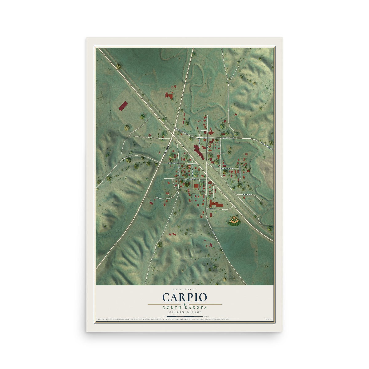 Map of Carpio, North Dakota, 12 x 18 inch unframed archival matte print
