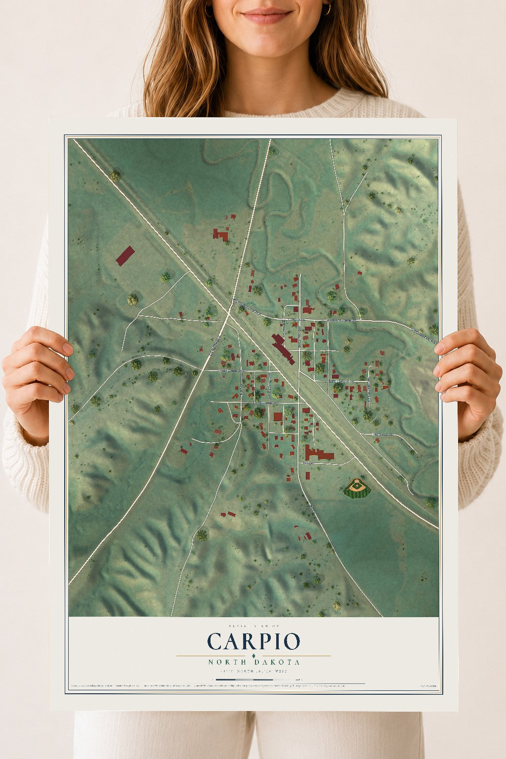 Map of Carpio, North Dakota, 18 x 24 inch unframed archival matte print