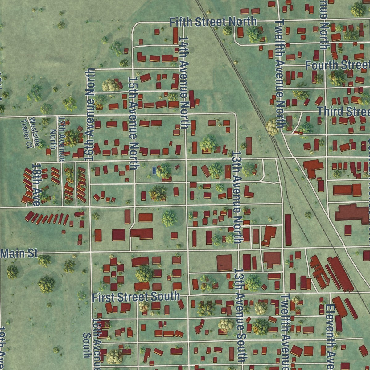 Second close-up of the map of Carrington, North Dakota print showing more streets and buildings