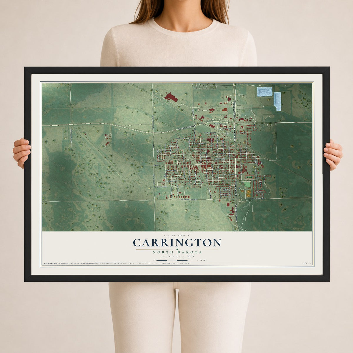 Map of Carrington, North Dakota, 24 x 36 inch print in a black wood frame
