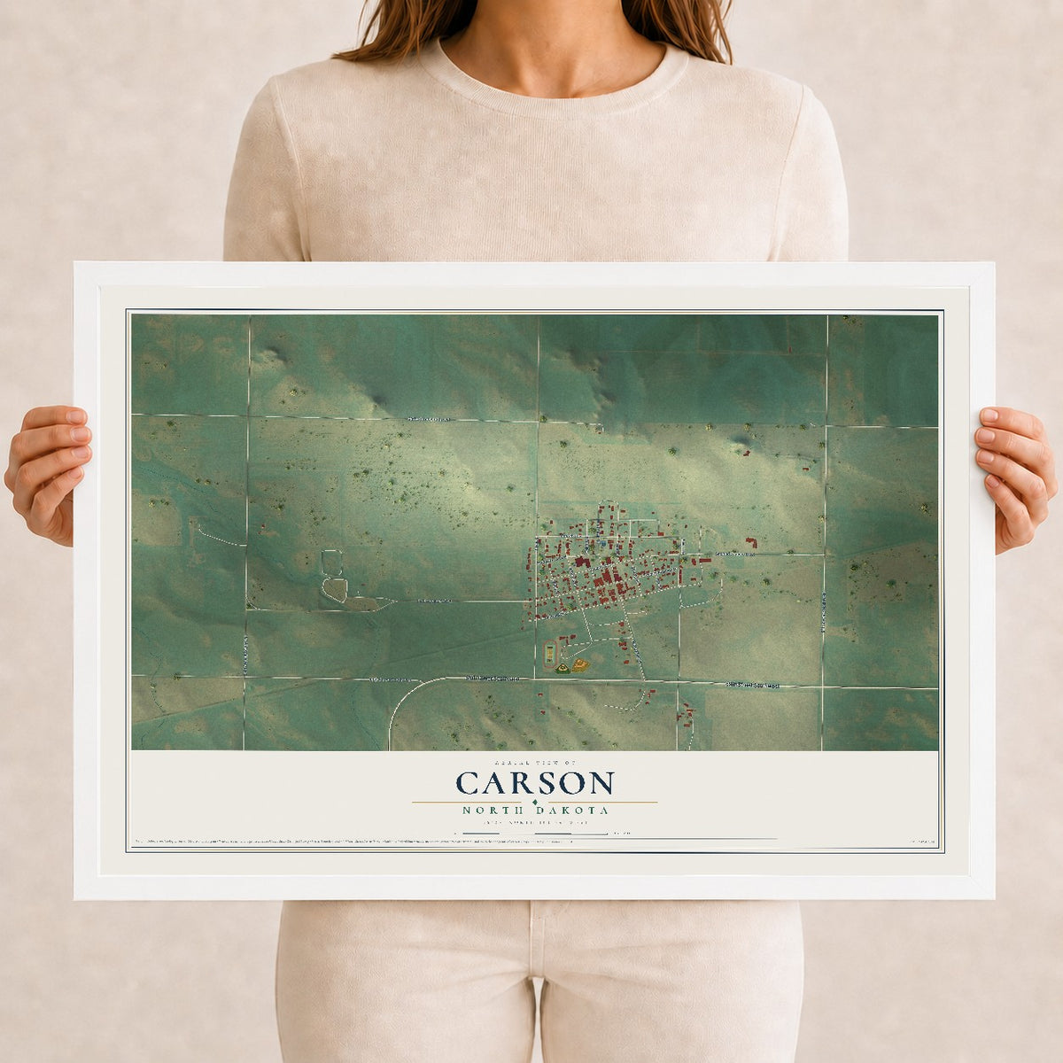 Map of Carson, North Dakota, 12 x 18 inch print in a white wood frame