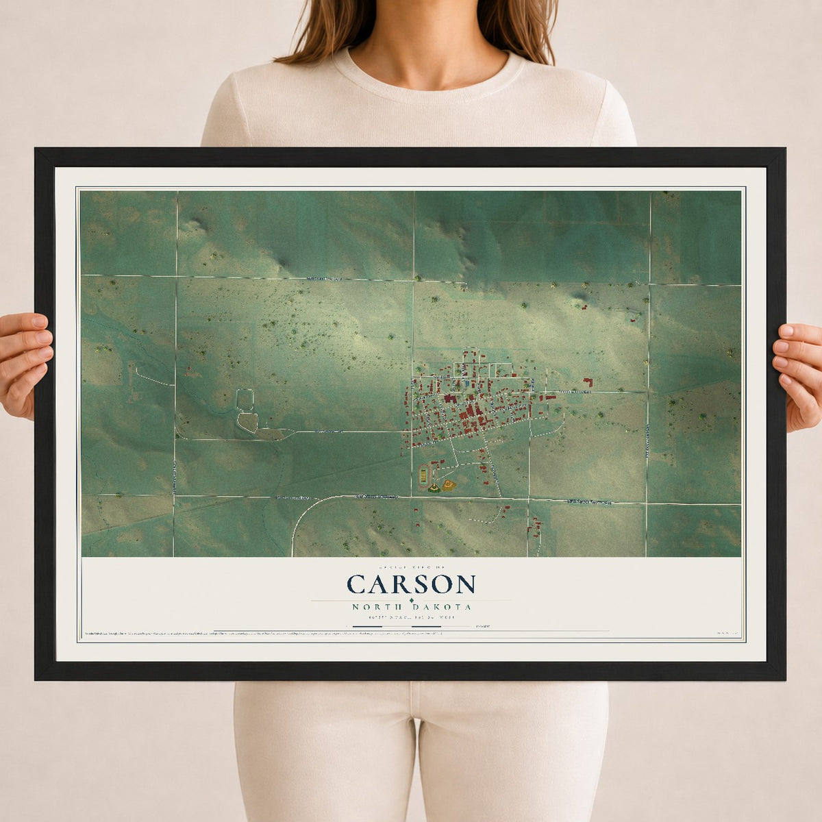 Map of Carson, North Dakota, 18 x 24 inch print in a black wood frame