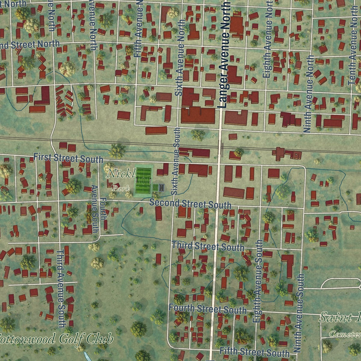 Close-up of the map of Casselton, North Dakota print showing street and building detail