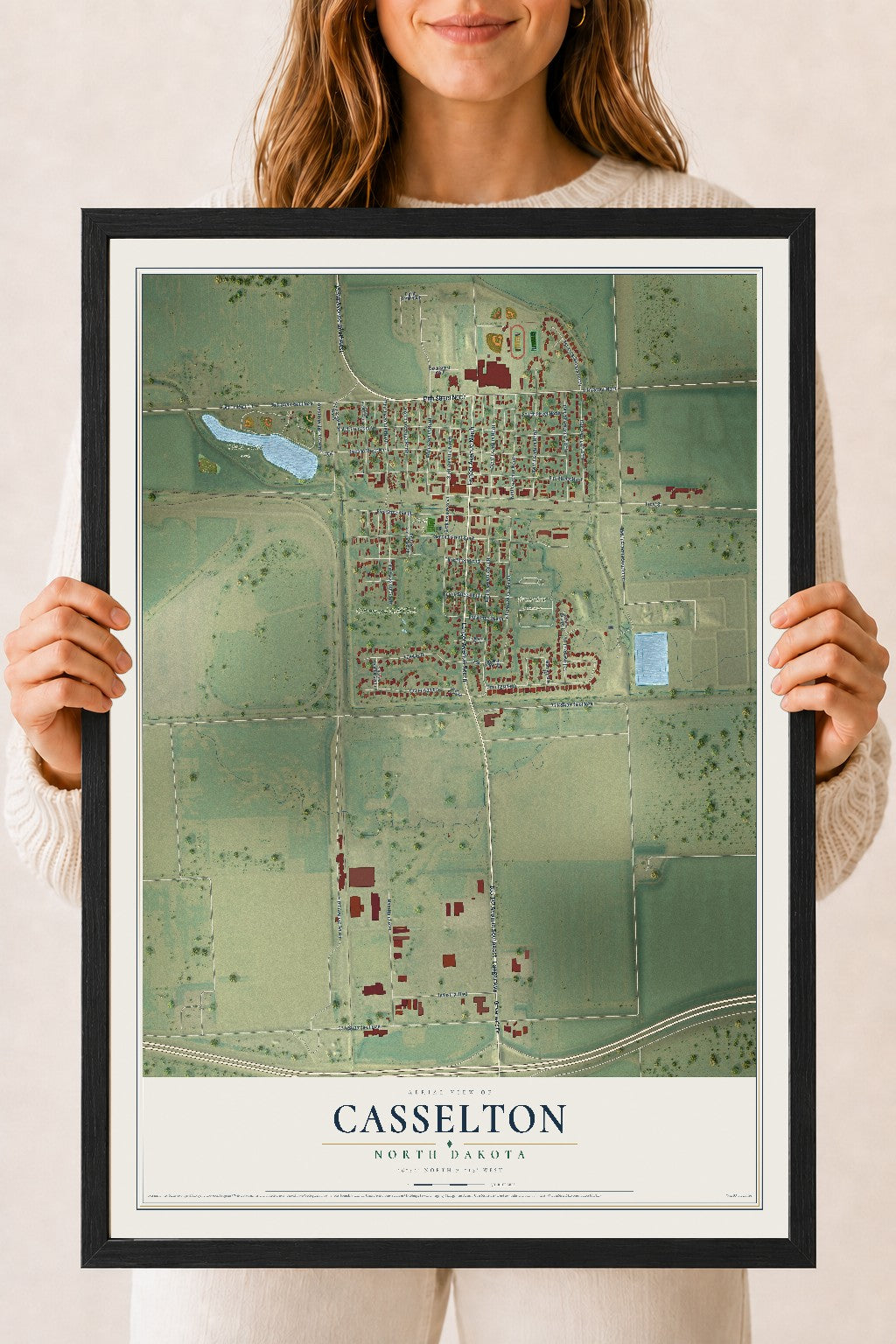 Map of Casselton, North Dakota, 18 x 24 inch print in a black wood frame
