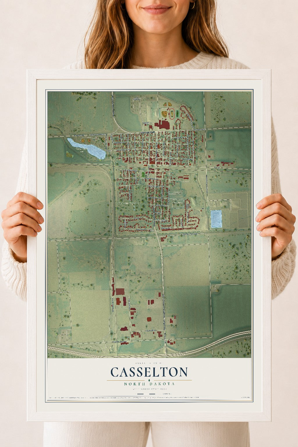 Map of Casselton, North Dakota, 18 x 24 inch print in a white wood frame