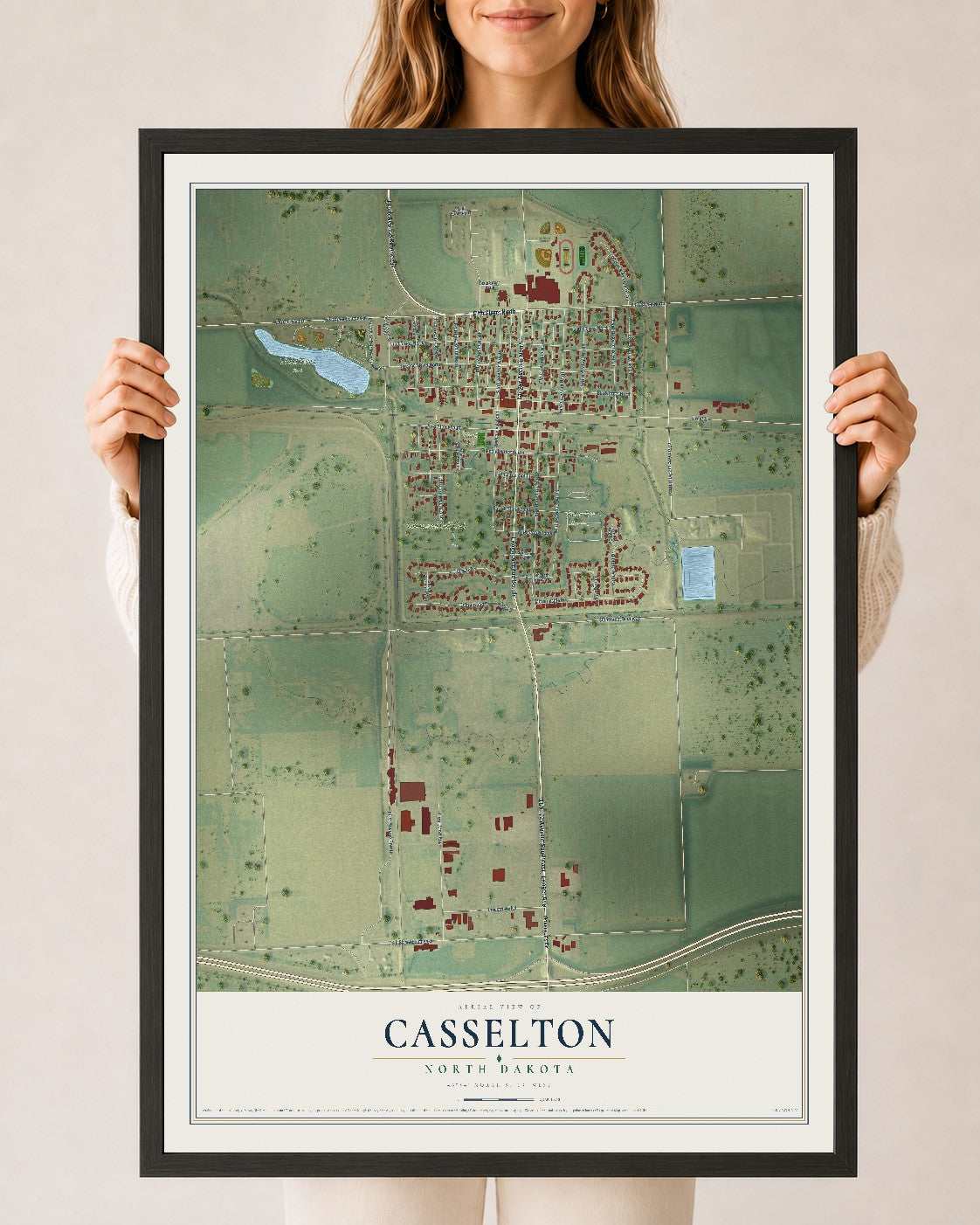 Map of Casselton, North Dakota, 24 x 36 inch print in a black wood frame