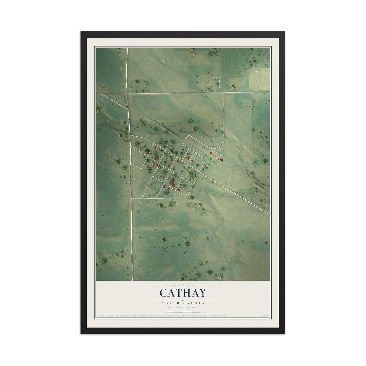Map of Cathay, North Dakota, 12 x 18 inch print in a black wood frame