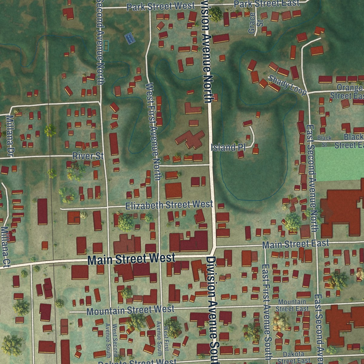 Close-up of the map of Cavalier, North Dakota print showing street and building detail