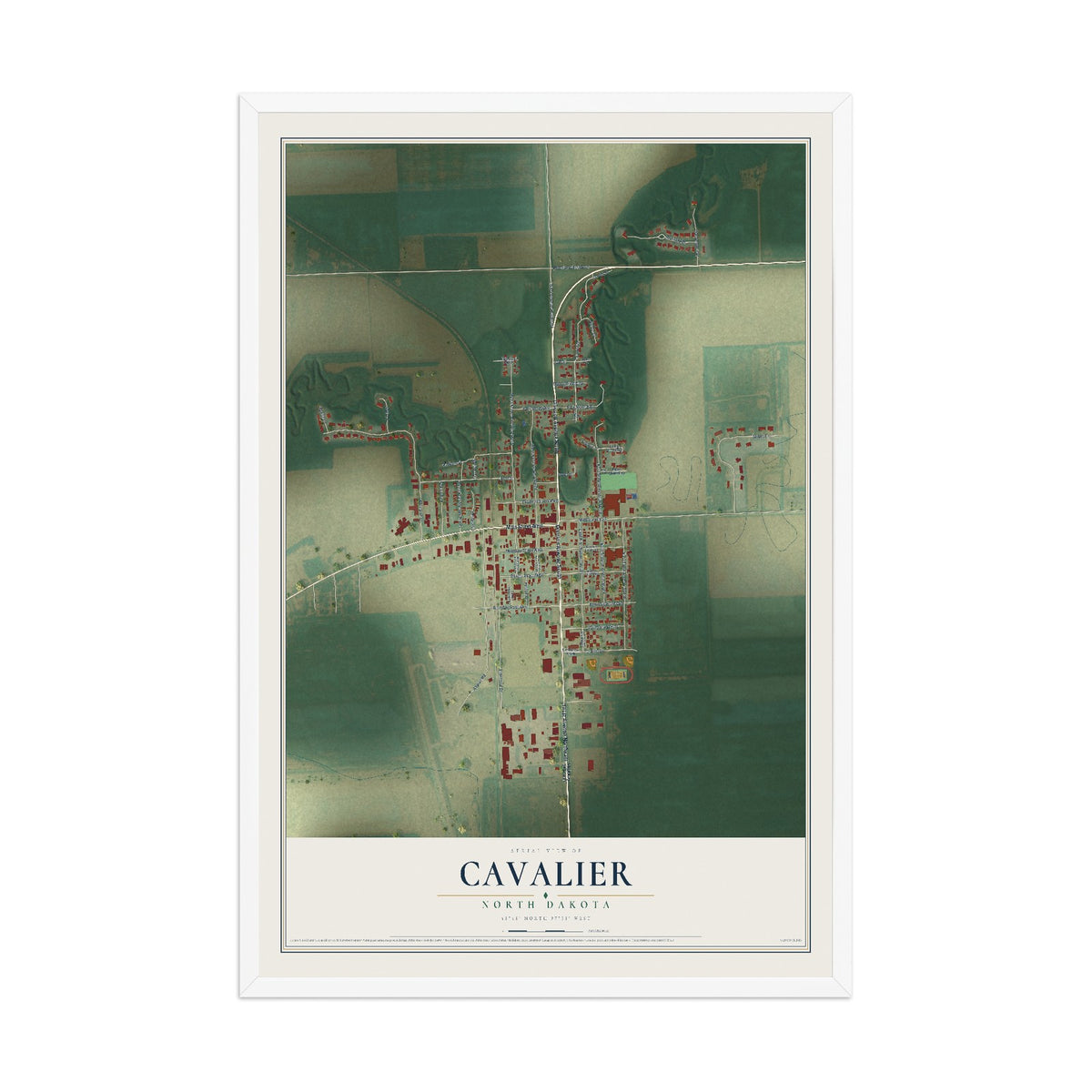 Map of Cavalier, North Dakota, 12 x 18 inch print in a white wood frame