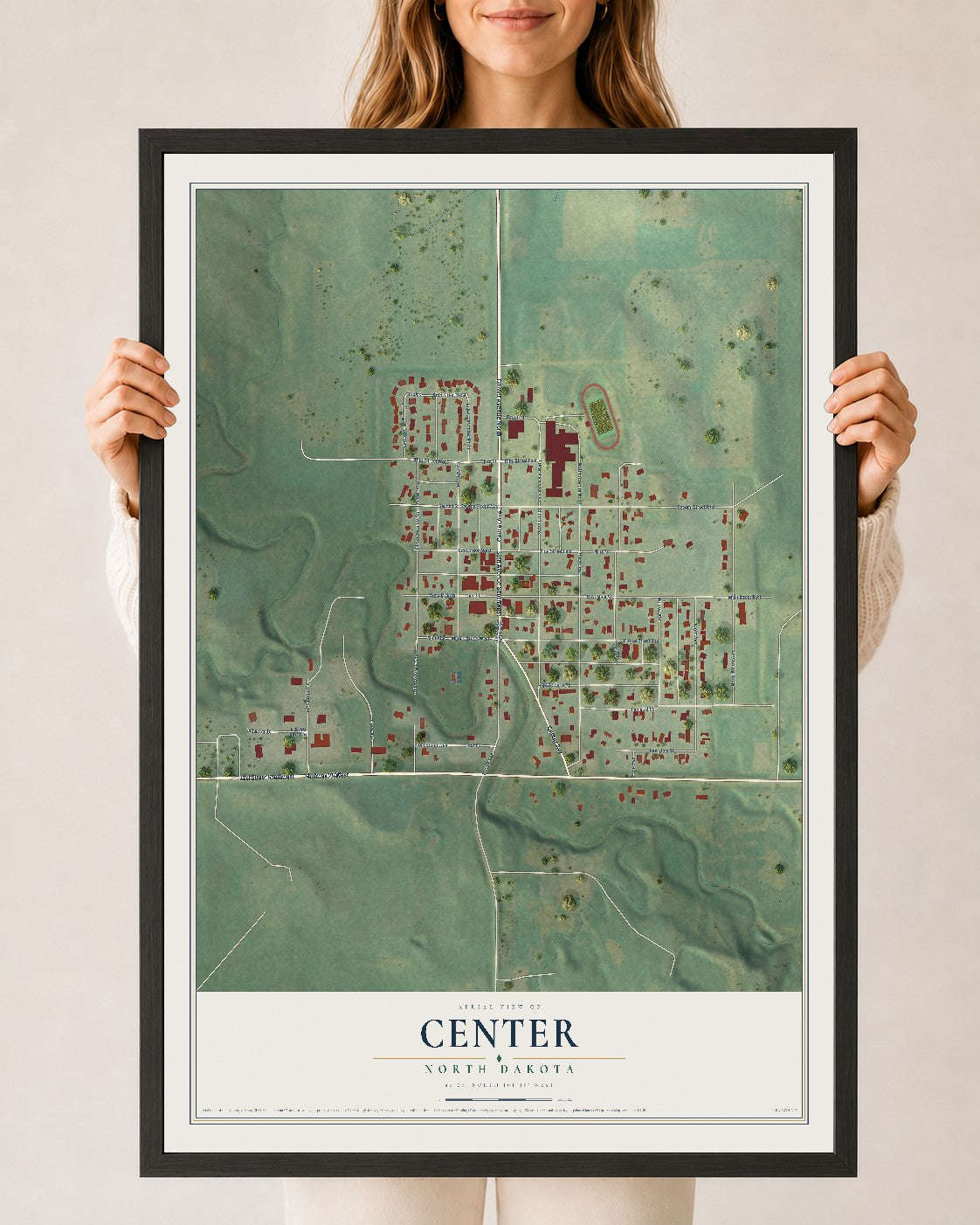 Map of Center, North Dakota, 24 x 36 inch print in a black wood frame