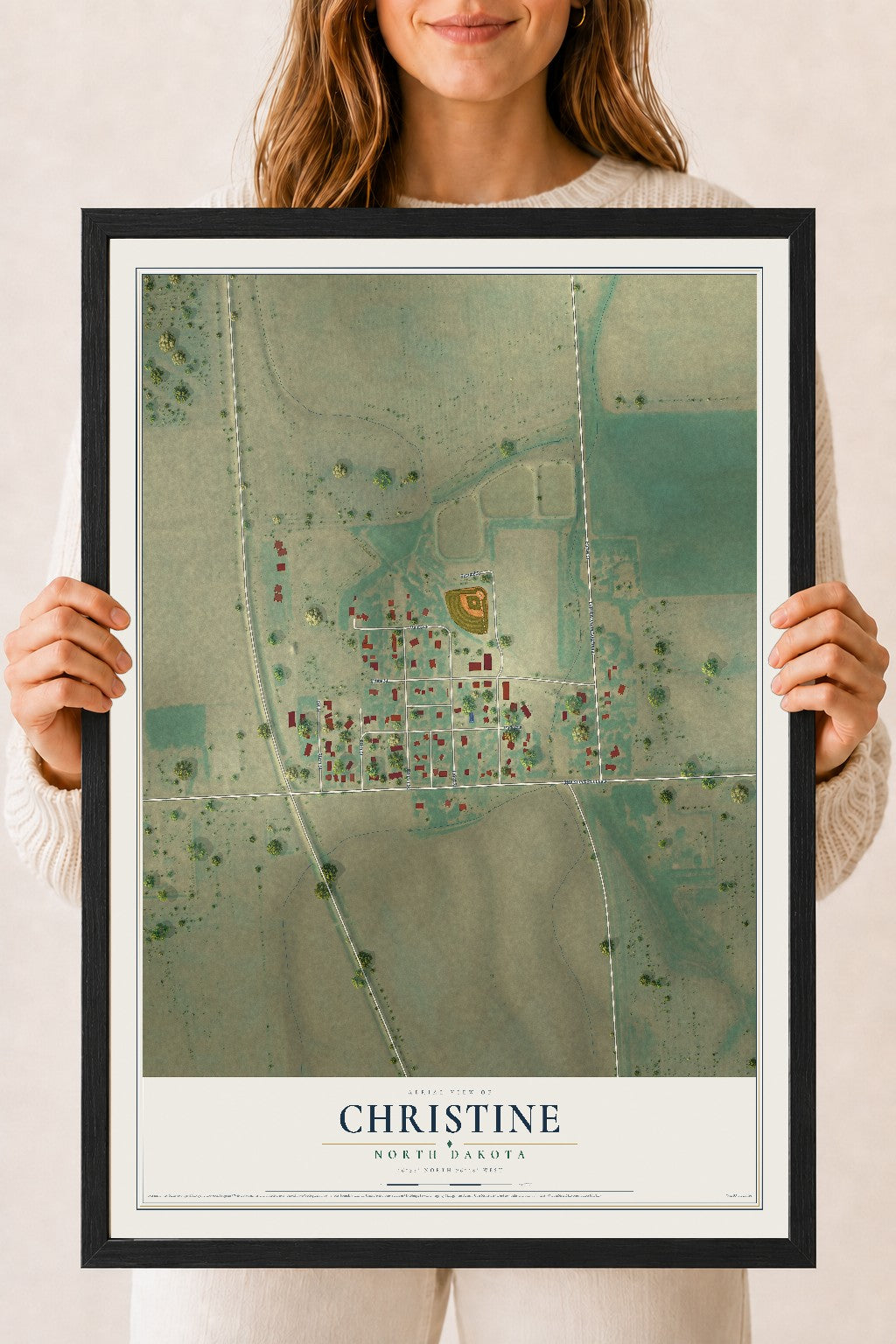 Map of Christine, North Dakota, 18 x 24 inch print in a black wood frame