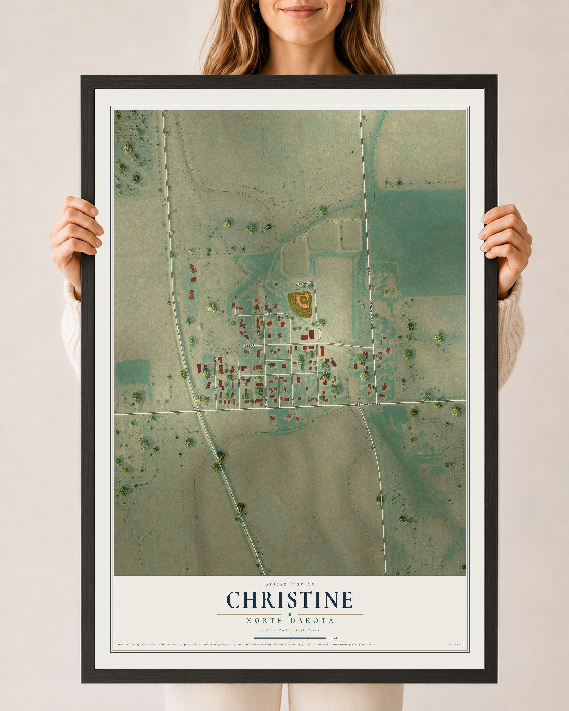 Map of Christine, North Dakota, 24 x 36 inch print in a black wood frame