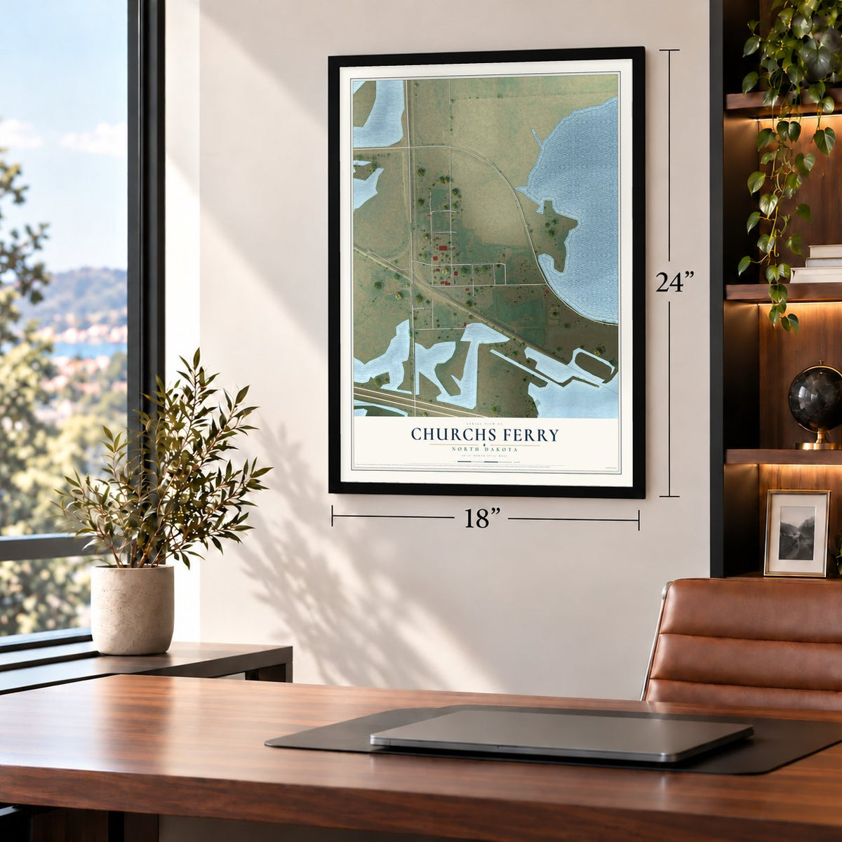 Churchs Ferry, North Dakota map, 18 x 24 inch print in a black frame in a home office