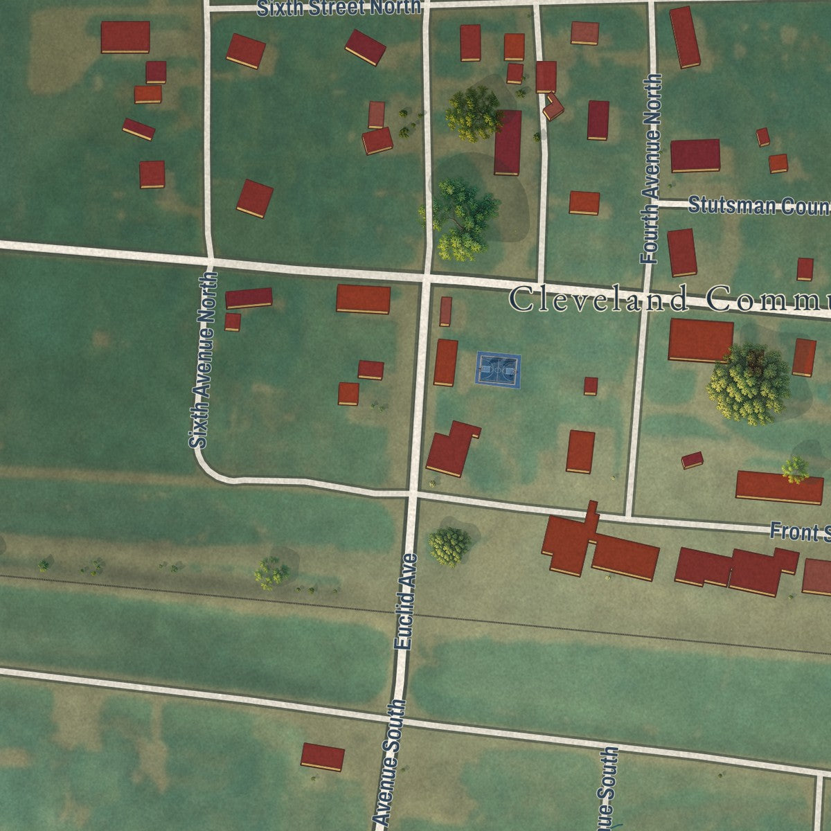 Close-up of the map of Cleveland, North Dakota print showing street and building detail