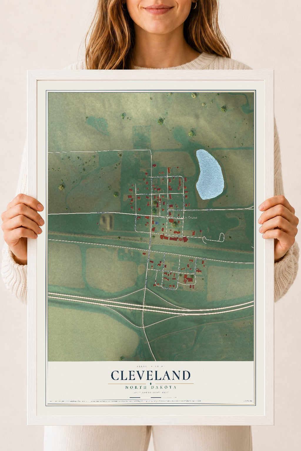 Map of Cleveland, North Dakota, 18 x 24 inch print in a white wood frame
