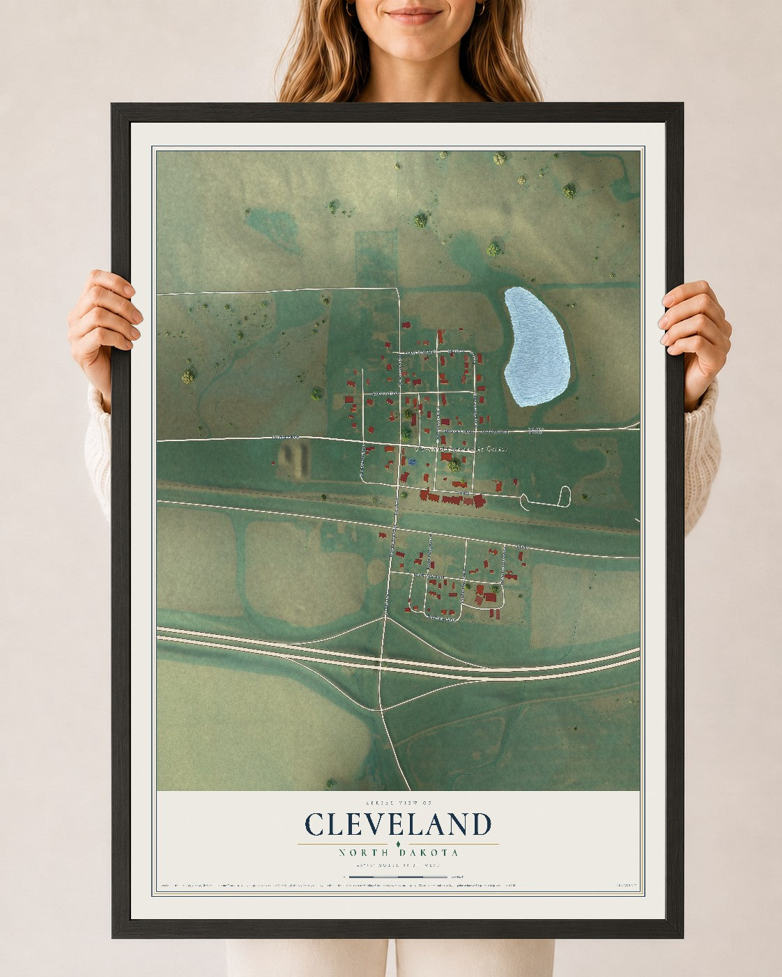 Map of Cleveland, North Dakota, 24 x 36 inch print in a black wood frame