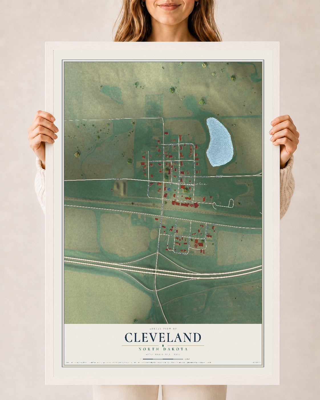 Map of Cleveland, North Dakota, 24 x 36 inch print in a white wood frame