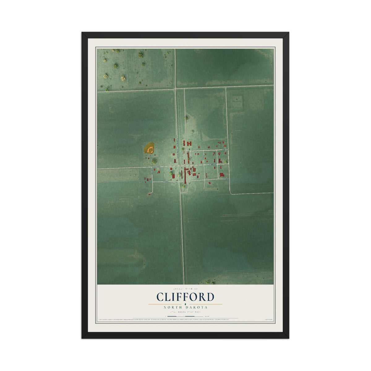 Map of Clifford, North Dakota, 12 x 18 inch print in a black wood frame