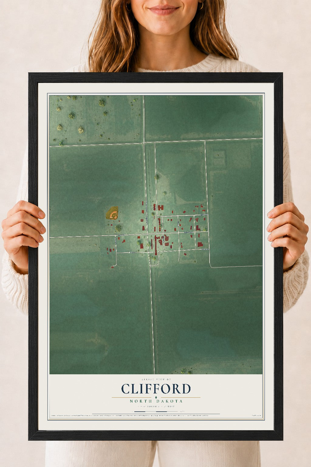 Map of Clifford, North Dakota, 18 x 24 inch print in a black wood frame