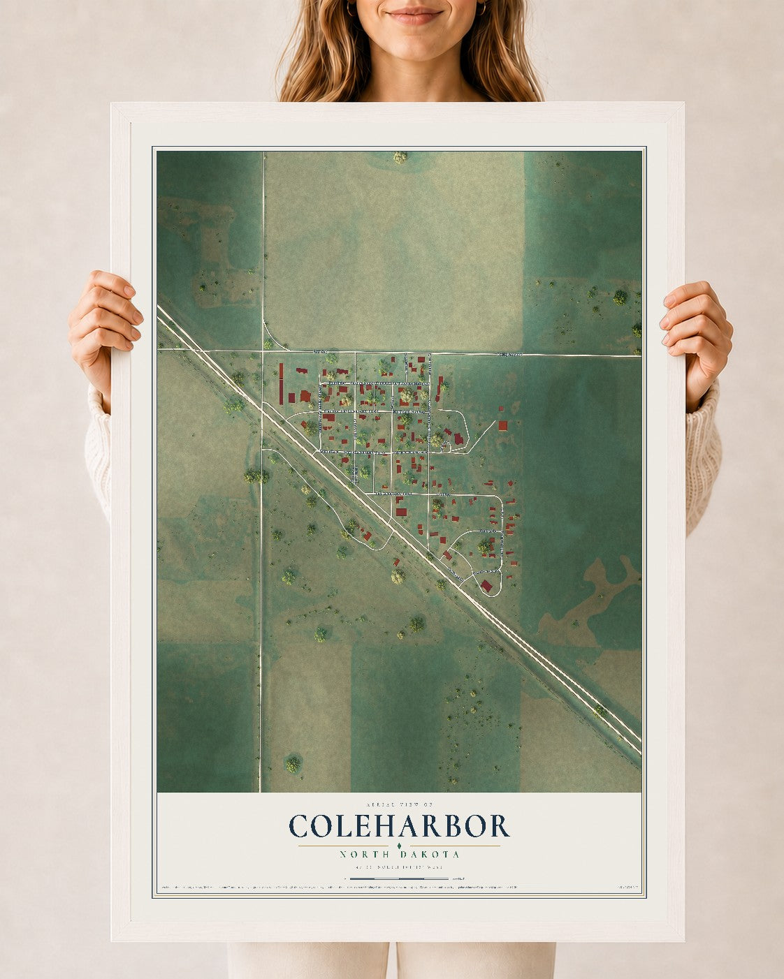 Map of Coleharbor, North Dakota, 24 x 36 inch print in a white wood frame