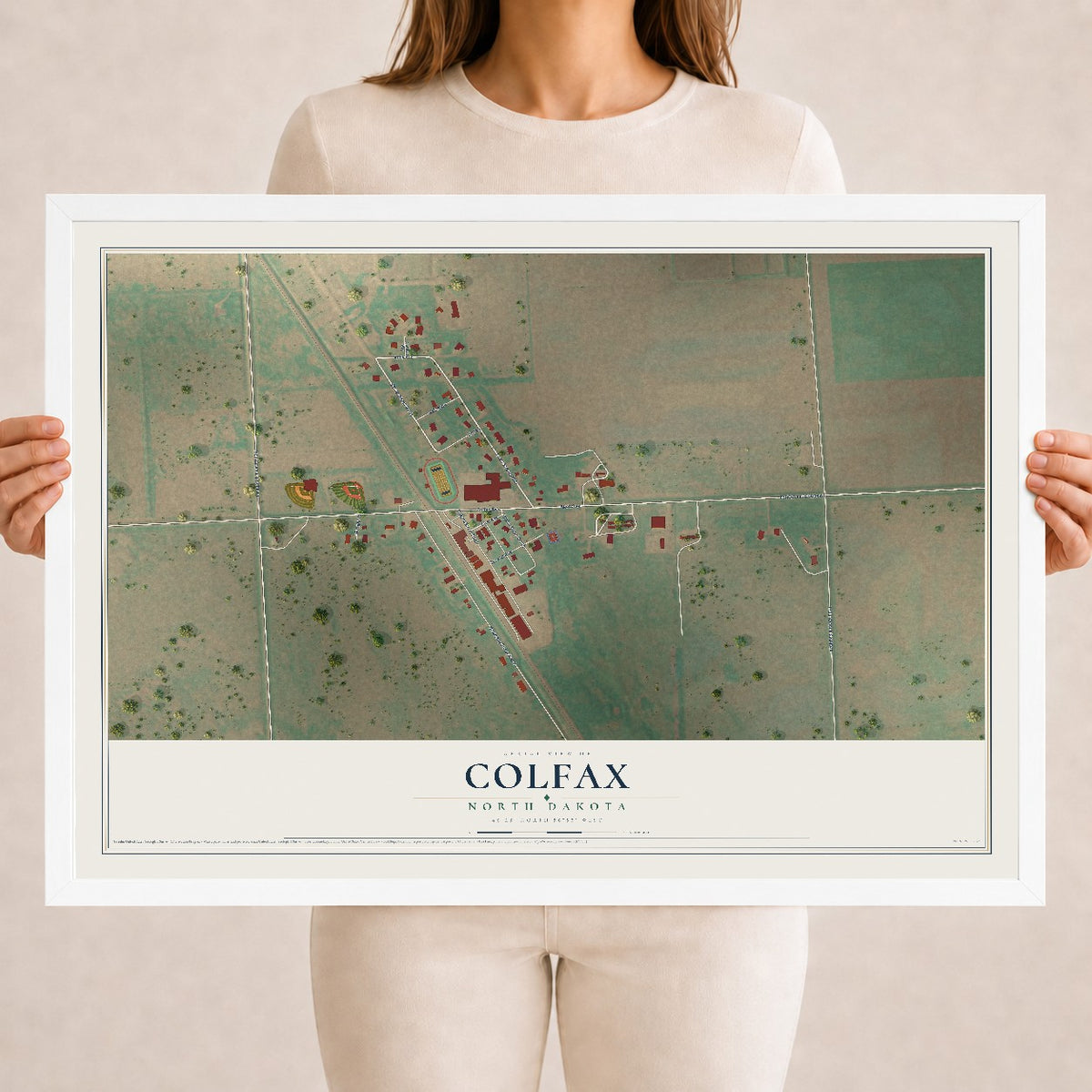 Map of Colfax, North Dakota, 18 x 24 inch print in a white wood frame