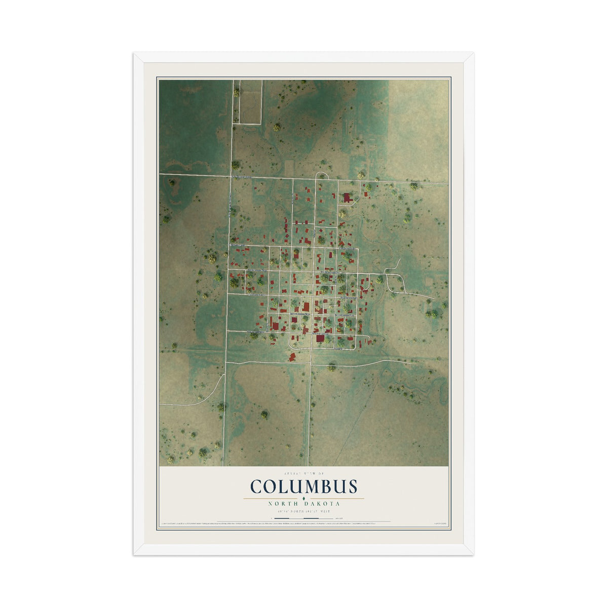 Map of Columbus, North Dakota, 12 x 18 inch print in a white wood frame