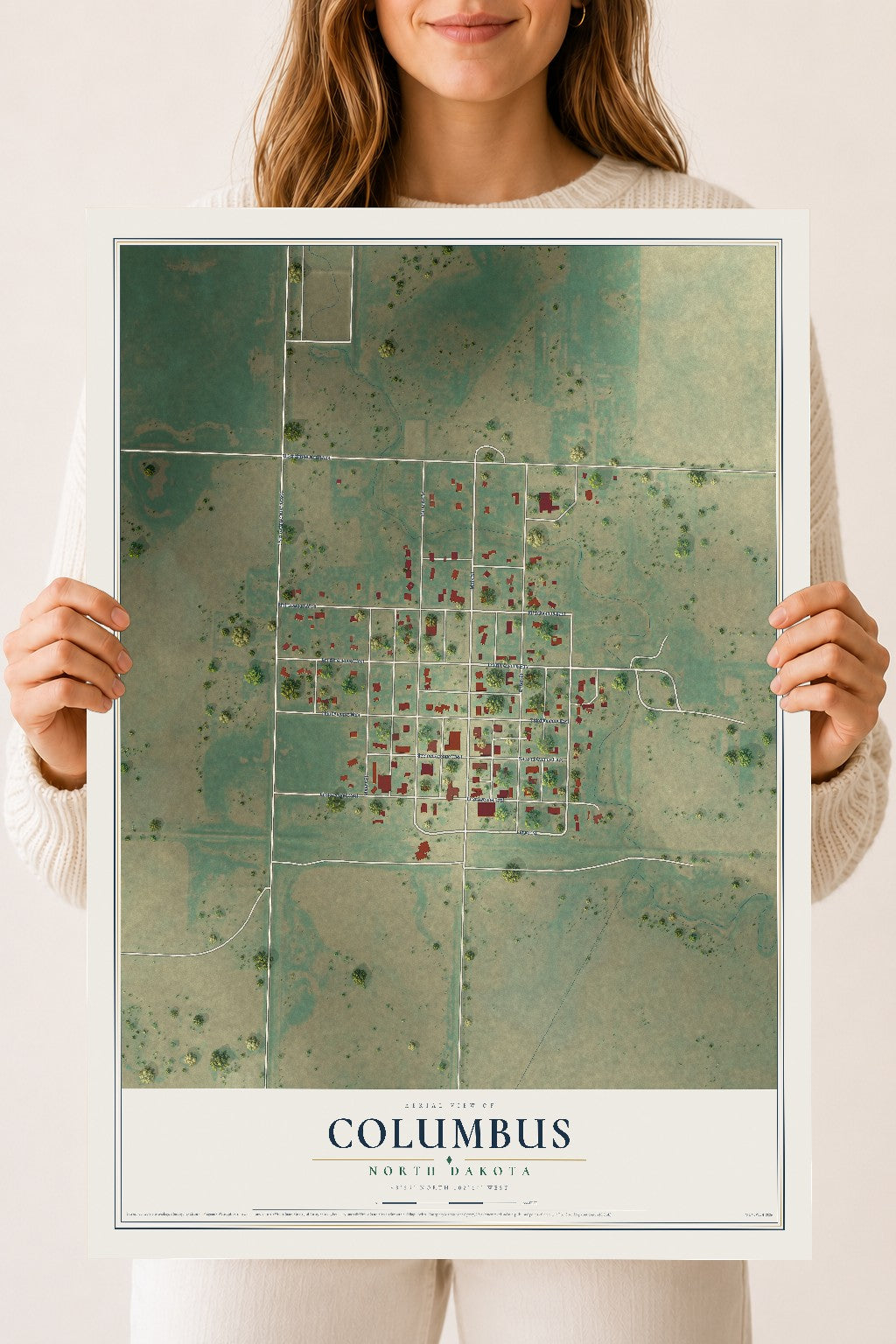 Map of Columbus, North Dakota, 18 x 24 inch unframed archival matte print