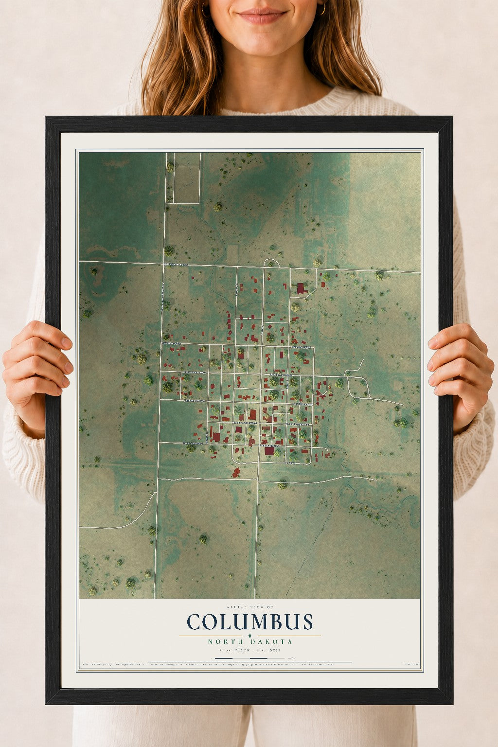 Map of Columbus, North Dakota, 18 x 24 inch print in a black wood frame