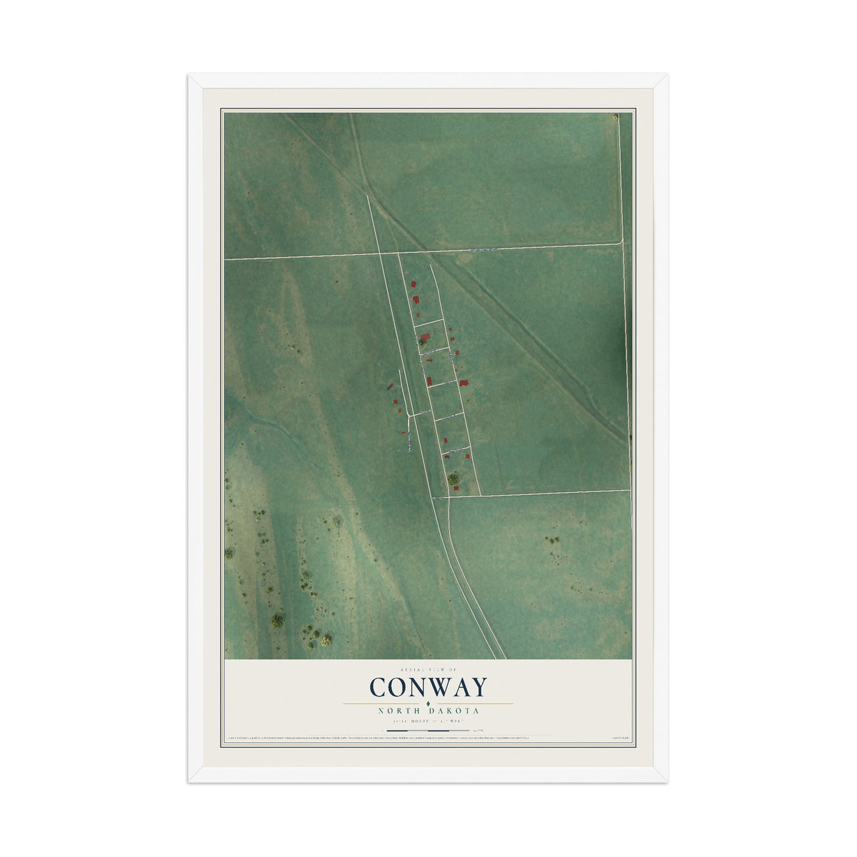 Map of Conway, North Dakota, 12 x 18 inch print in a white wood frame