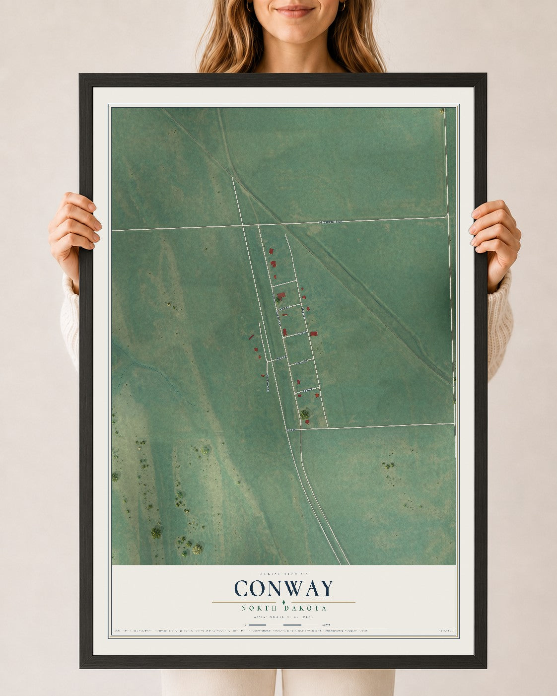 Map of Conway, North Dakota, 24 x 36 inch print in a black wood frame