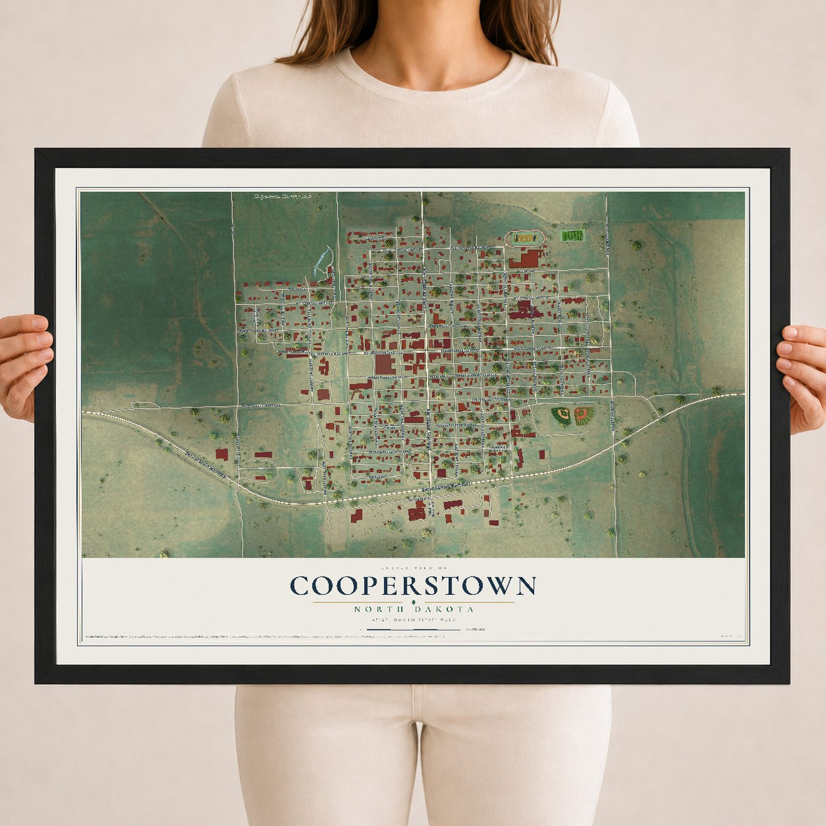 Map of Cooperstown, North Dakota, 18 x 24 inch print in a black wood frame