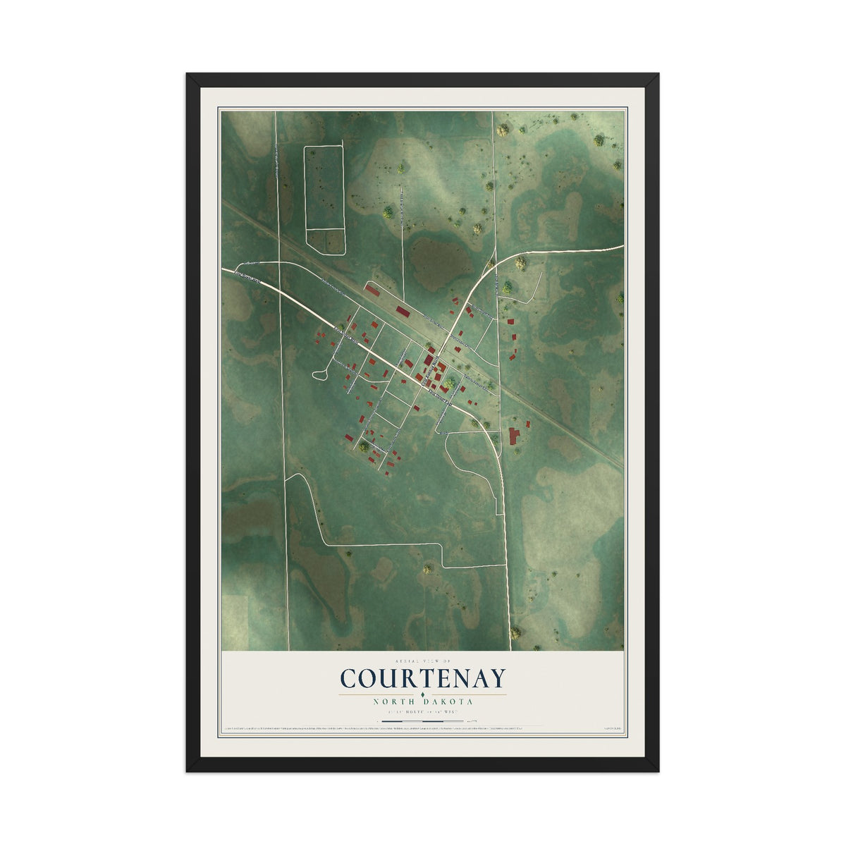 Map of Courtenay, North Dakota, 12 x 18 inch print in a black wood frame