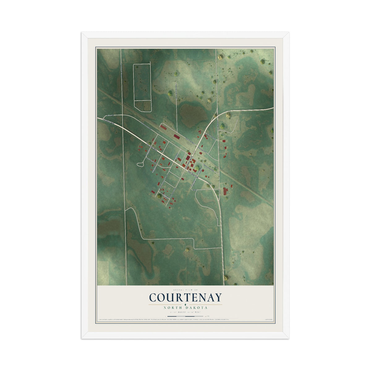 Map of Courtenay, North Dakota, 12 x 18 inch print in a white wood frame