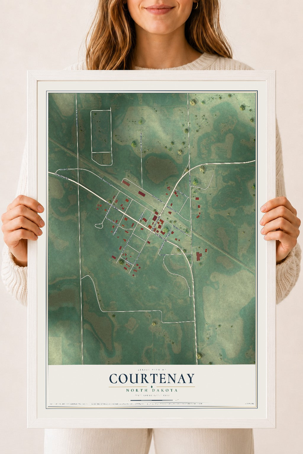 Map of Courtenay, North Dakota, 18 x 24 inch print in a white wood frame