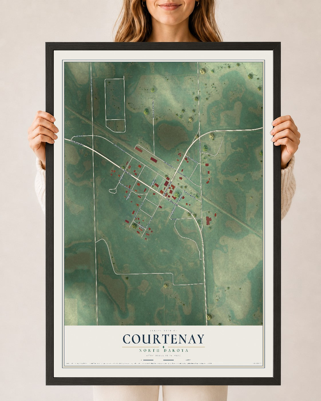 Map of Courtenay, North Dakota, 24 x 36 inch print in a black wood frame