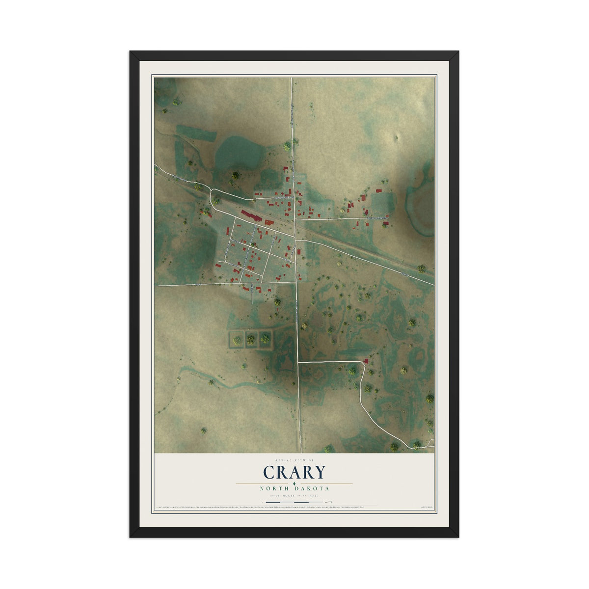 Map of Crary, North Dakota, 12 x 18 inch print in a black wood frame