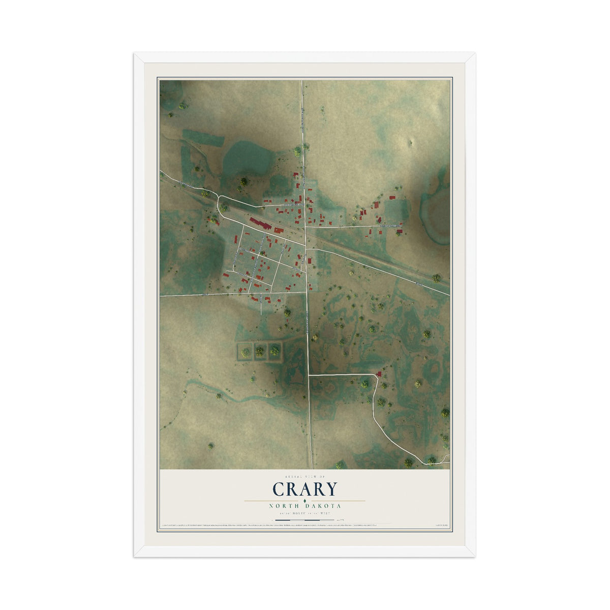 Map of Crary, North Dakota, 12 x 18 inch print in a white wood frame