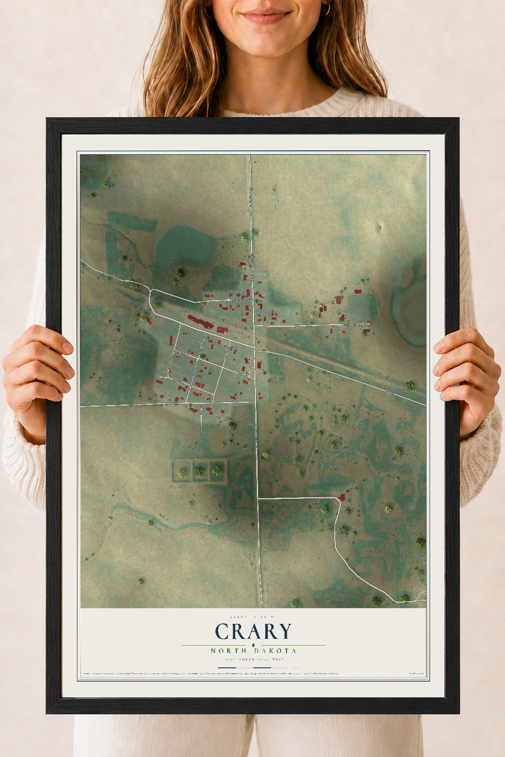 Map of Crary, North Dakota, 18 x 24 inch print in a black wood frame