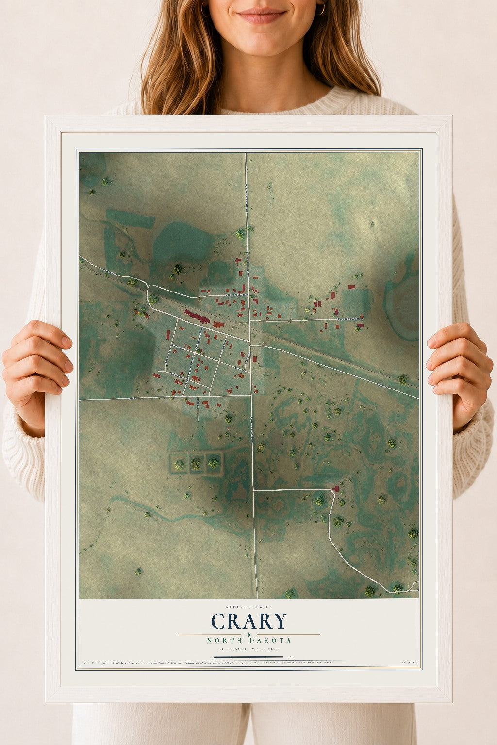 Map of Crary, North Dakota, 18 x 24 inch print in a white wood frame