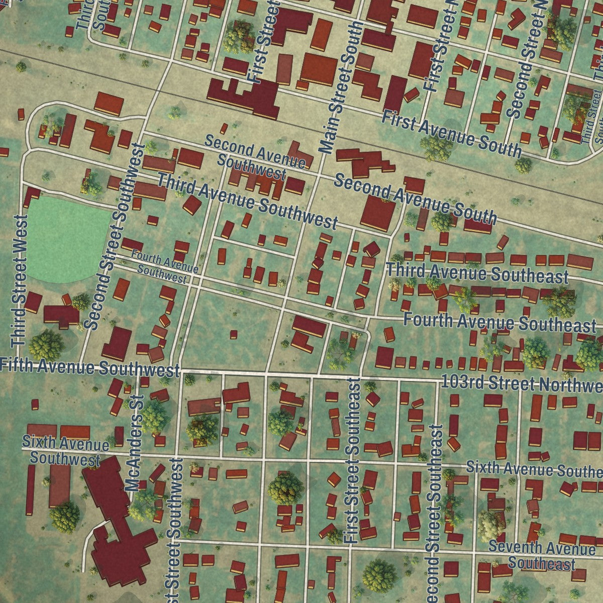 Close-up of the map of Crosby, North Dakota print showing street and building detail