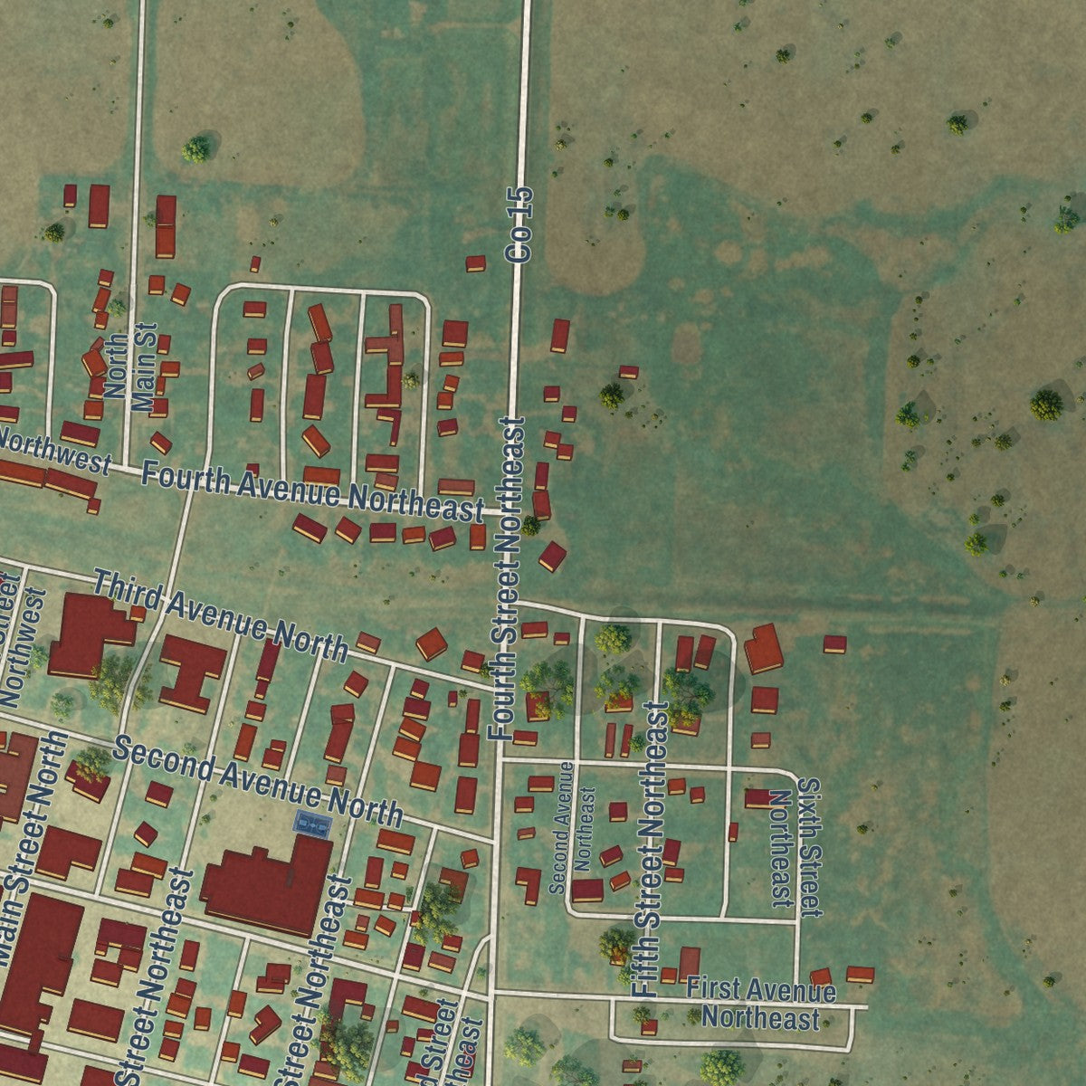 Second close-up of the map of Crosby, North Dakota print showing more streets and buildings
