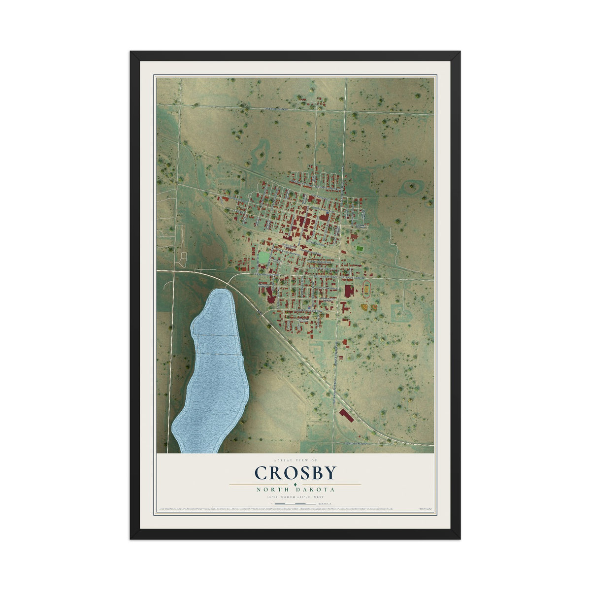 Map of Crosby, North Dakota, 12 x 18 inch print in a black wood frame