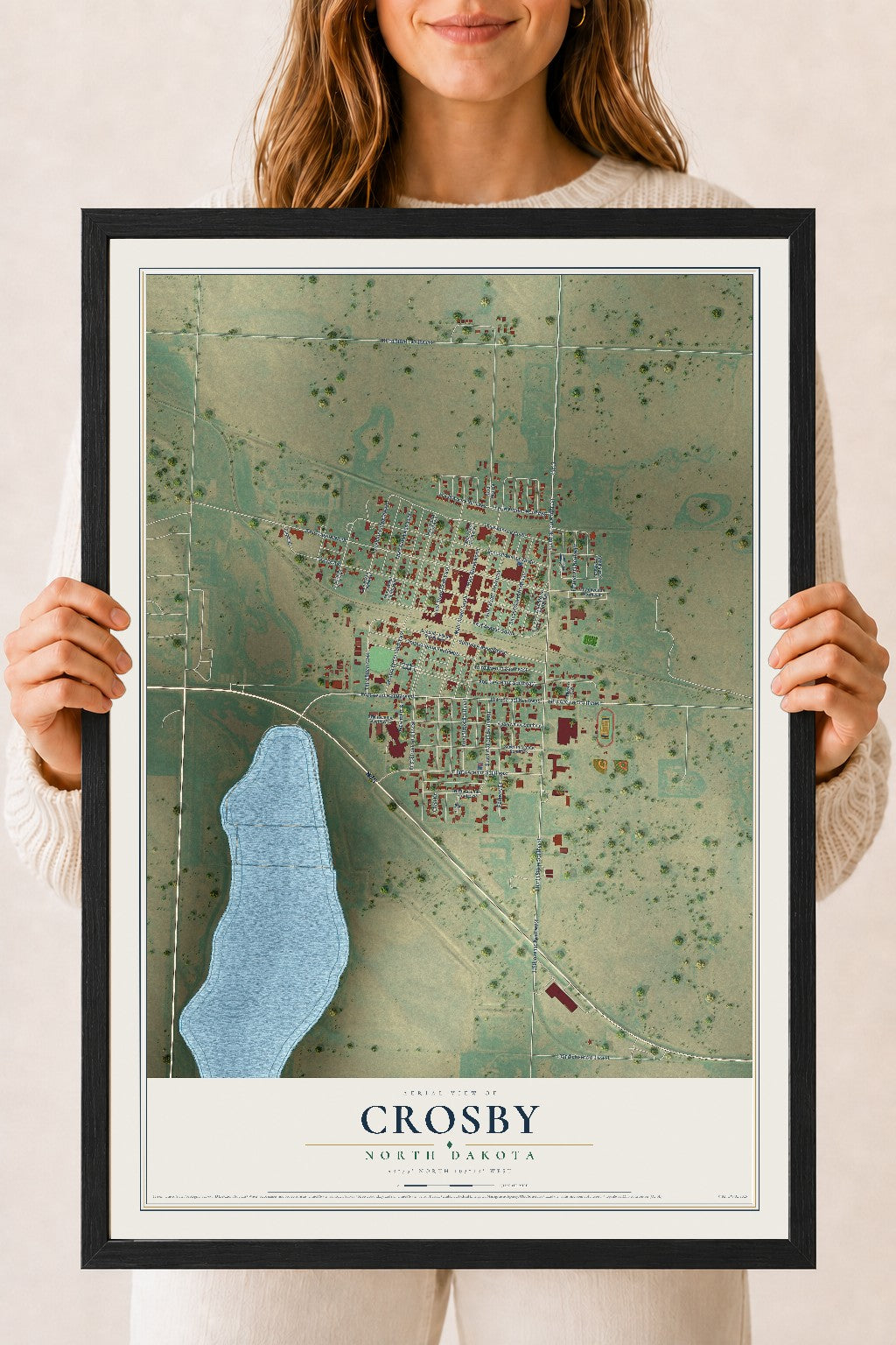 Map of Crosby, North Dakota, 18 x 24 inch print in a black wood frame