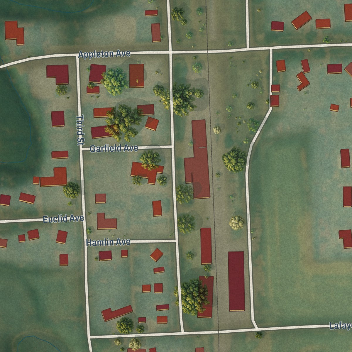 Close-up of the map of Crystal, North Dakota print showing street and building detail