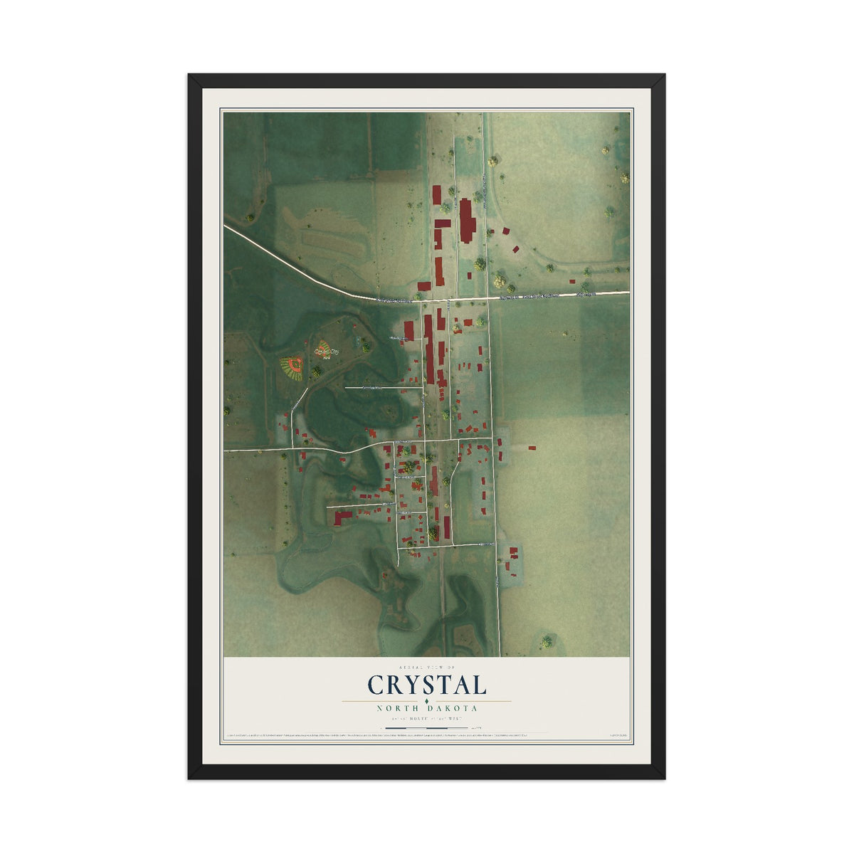 Map of Crystal, North Dakota, 12 x 18 inch print in a black wood frame