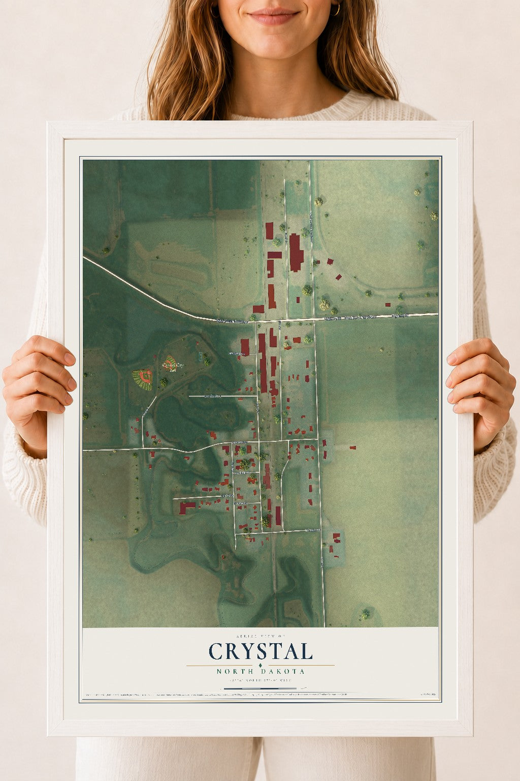 Map of Crystal, North Dakota, 18 x 24 inch print in a white wood frame